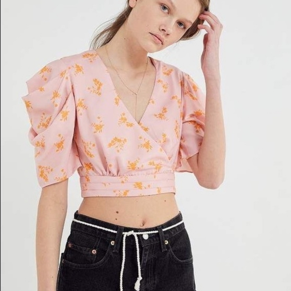 Keepsake The Label Pink Orange Floral Puff Sleeve Cropped Top